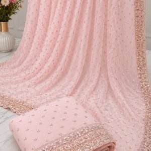 Pastel Baby Pink Georgette Saree with Gold Sequin Embellishment and Scalloped Border