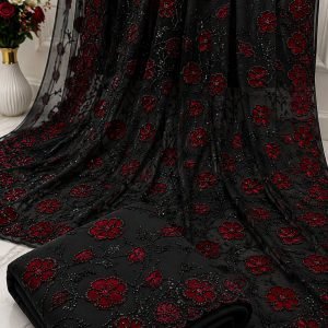 Black Net Saree with Maroon Floral Embroidery & Scalloped Border