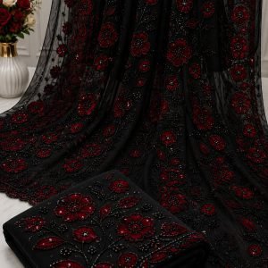 Black Net Saree with Red Floral Bead & Sequin Work