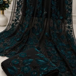 Black Net Saree with Teal Floral Sequin Embroidery and Scalloped Border