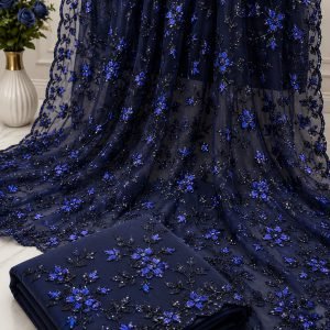 Elegant Navy Blue Net Saree with Sapphire Floral Sequin Embroidery