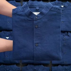 Men's Navy Mandarin Collar Cotton Linen Casual Shirt – Full Sleeve Regular Fit