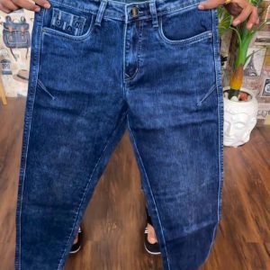 Men’s Dark Blue Stretchable Jeans – Slim Fit Washed Denim with Zip Pocket Detail