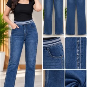 Ladies Blue Straight-Fit Denim Jeans with Embellishment