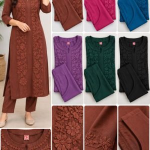 Ladies Rust Brown Embroidered Kurti with Pants Set