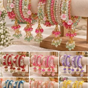 Pink & Green Beaded Jhumki Bangles Set