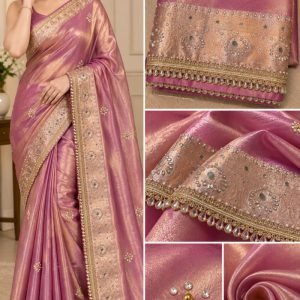 Pink Tissue Saree with Mirror Work Border