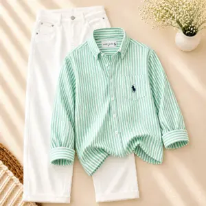 Mint Striped Shirt & White Trousers Set - Smart Men's Fashion Combo
