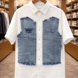 Men's White Shirt with Denim Patchwork Detail – Modern Everyday Wardrobe Essential