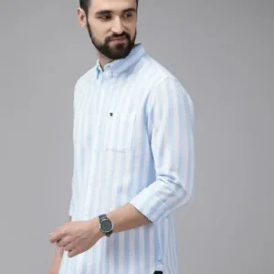 Sky Blue & White Vertical Stripe Cotton Shirt – Modern Smart Casual Style for Men