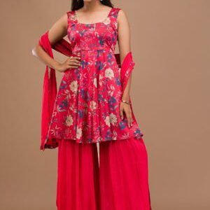 Red Printed Semi Crepe Readymade Sharara Suit