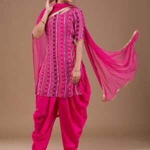 Magenta Zariwork Bandhini Pre-Stitched Salwar Suit
