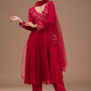 Maroon Zariwork Georgette Pre-Stitched Salwar Suit