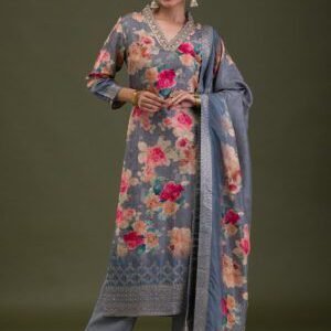 Charcoal Semi Crepe Printed Readymade Salwar Suit