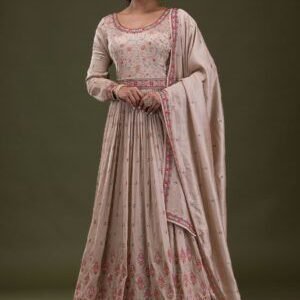 Beige Threadwork Semi Crepe Readymade Salwar Suit
