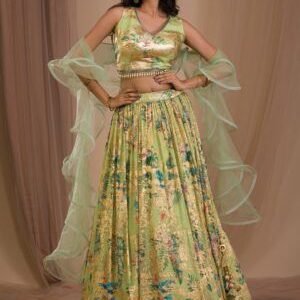 Parrot Green Cutdana Art Silk Readymade Lehenga