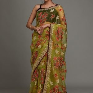Vibrant Parrot Green Organza Saree with Printed Details